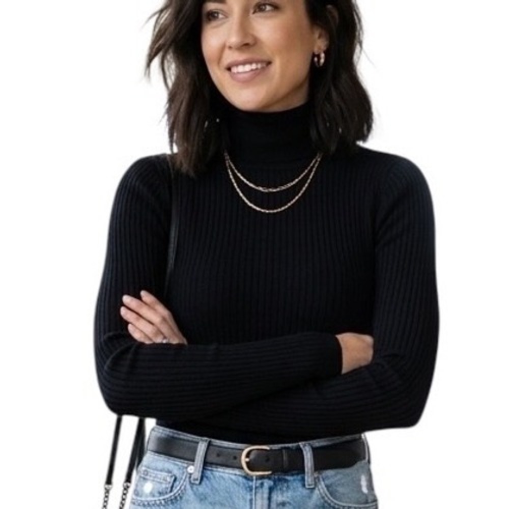 LOFT Womens Black Ribbed Long Sleeve Turtleneck Sweater Minimalist Size M